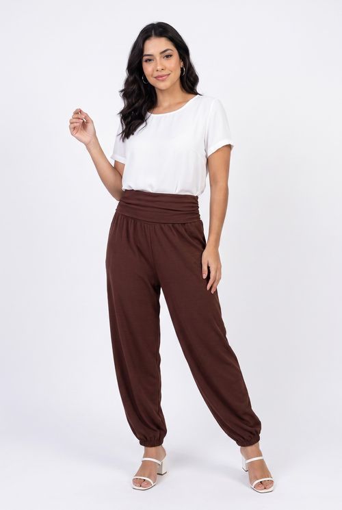 Calça Jogger Feminina Malha Canelada Marrom