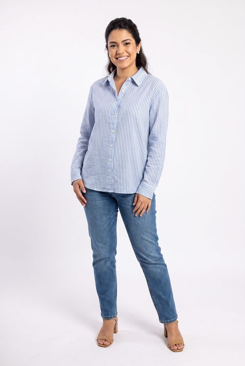 Camisa Feminina Casual Listrada Azul e Branco Manga Longa