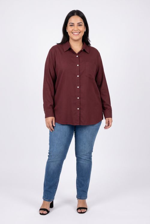 Camisa Feminina Plus Size Fake Linho Marrom Escuro