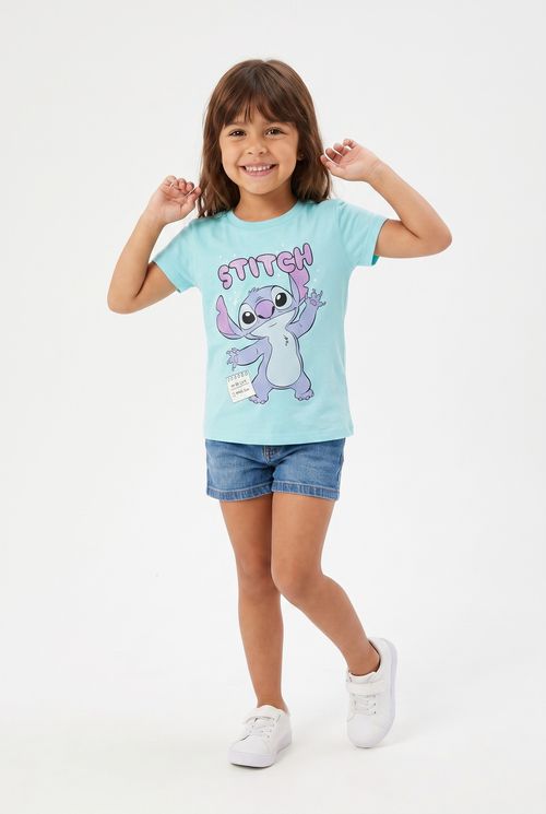 Blusa Infantil Menina Azul Claro com Estampa Stitch