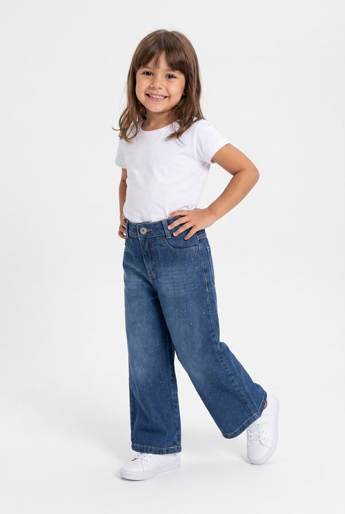 Calça Jeans Infantil Wide Leg Menina Azul com Glitter