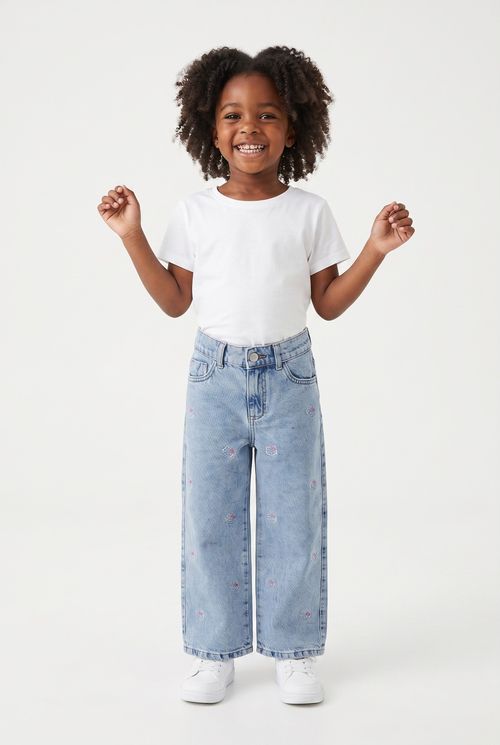 Calça Jeans Infantil Menina Wide Leg Azul Hello Kitty