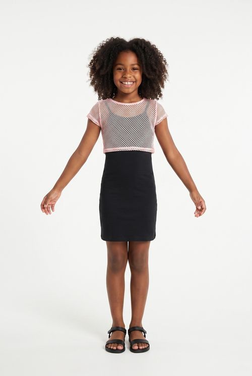 Vestido Infantil Menina Preto com Sobreposição em Tela Rosa