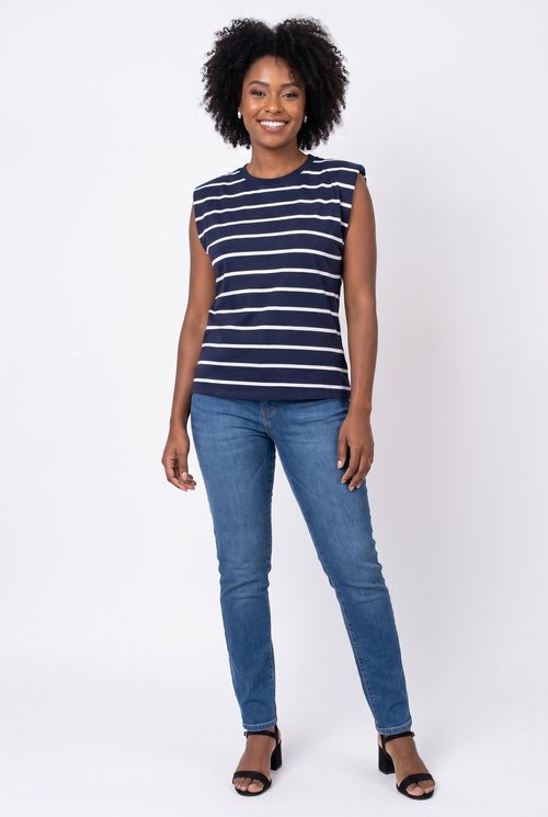 Blusa Feminina Muscle Tee Listrada Azul Marinho e Branco