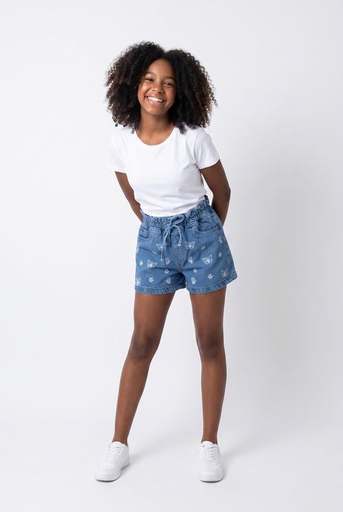 Shorts Jeans Infantil Menina Azul Estampa Borboletas