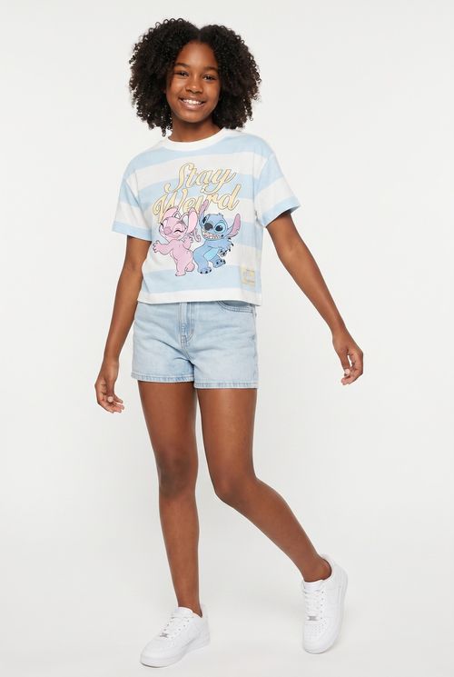 Blusa Infantil Menina Cropped Listrada Stitch e Angel Azul