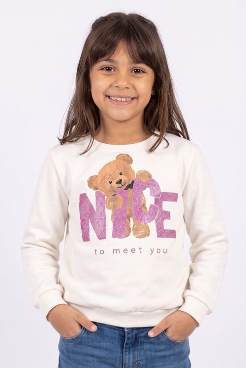 Blusa Moletom Infantil Menina Off White Urso Glitter