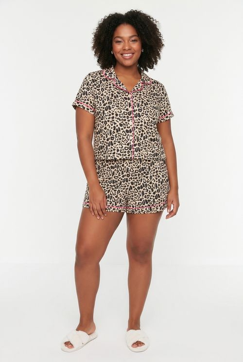 Pijama Curto Feminino Plus Size Oncinha com Vivo Rosa